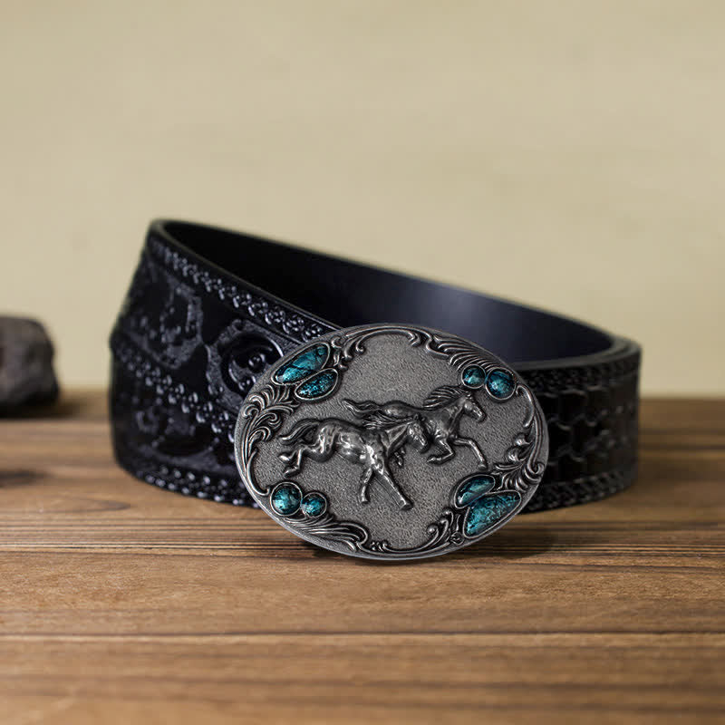 Cintura in pelle con fibbia in perline turchesi fai da te da uomo con cavalli da corsa - Argento antico - Cintura nera intagliata (40) - image 13