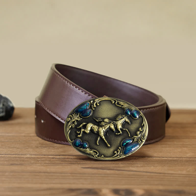 Cintura in pelle con fibbia in perline turchesi fai da te da uomo con cavalli da corsa - Bronzo antico - Cintura PU marrone (40) - image 11
