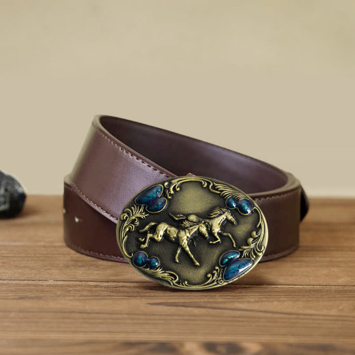 Cintura in pelle con fibbia in perline turchesi fai da te da uomo con cavalli da corsa - Bronzo antico - Cintura PU marrone (40) - image 11
