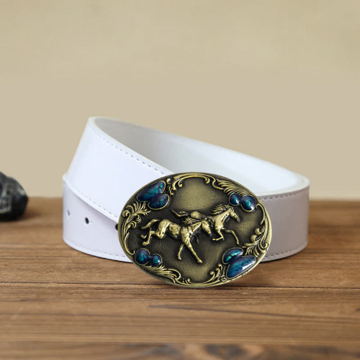 Cintura in pelle con fibbia in perline turchesi fai da te da uomo con cavalli da corsa - Bronzo antico - Cintura PU bianca (40) - image 8