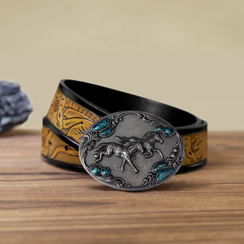 Cintura in pelle con fibbia in perline turchesi fai da te da uomo con cavalli da corsa - Argento antico - Cintura marrone sabbia (40) - image 19