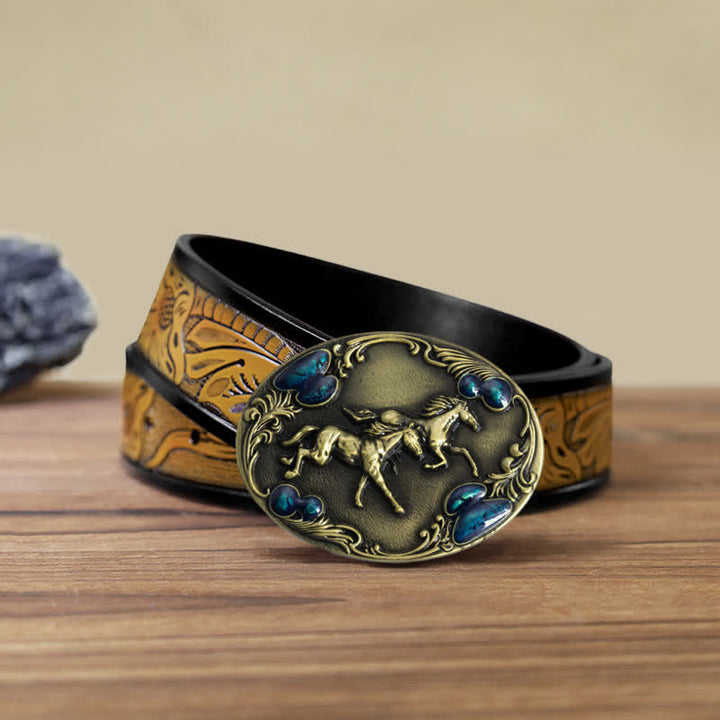 Cintura in pelle con fibbia in perline turchesi fai da te da uomo con cavalli da corsa - Bronzo antico - Cintura marrone sabbia (40) - image 20