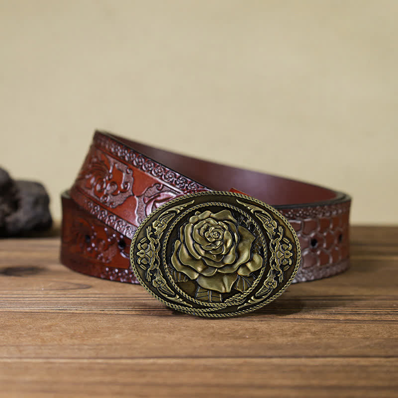 Cintura in pelle con fibbia a rosa western alla moda fai da te da uomo - Bronzo antico - Cintura marrone intagliata (40) - image 19