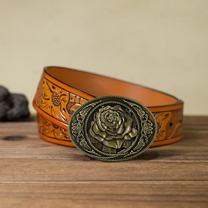 Cintura in pelle con fibbia a rosa western alla moda fai da te da uomo - Bronzo antico - Cintura intagliata arancione (40) - image 25