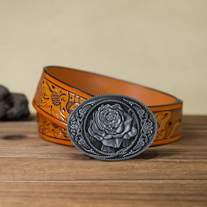 Cintura in pelle con fibbia a rosa western alla moda fai da te da uomo - Argento antico - Cintura intagliata arancione (40) - image 26