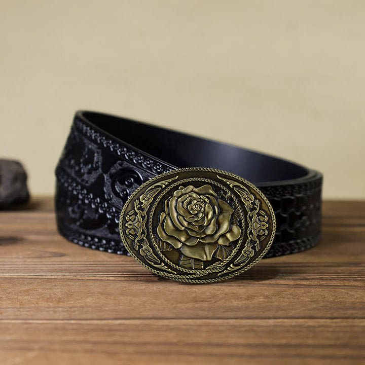 Cintura in pelle con fibbia a rosa western alla moda fai da te da uomo - Bronzo antico - Cintura nera intagliata (40) - image 16