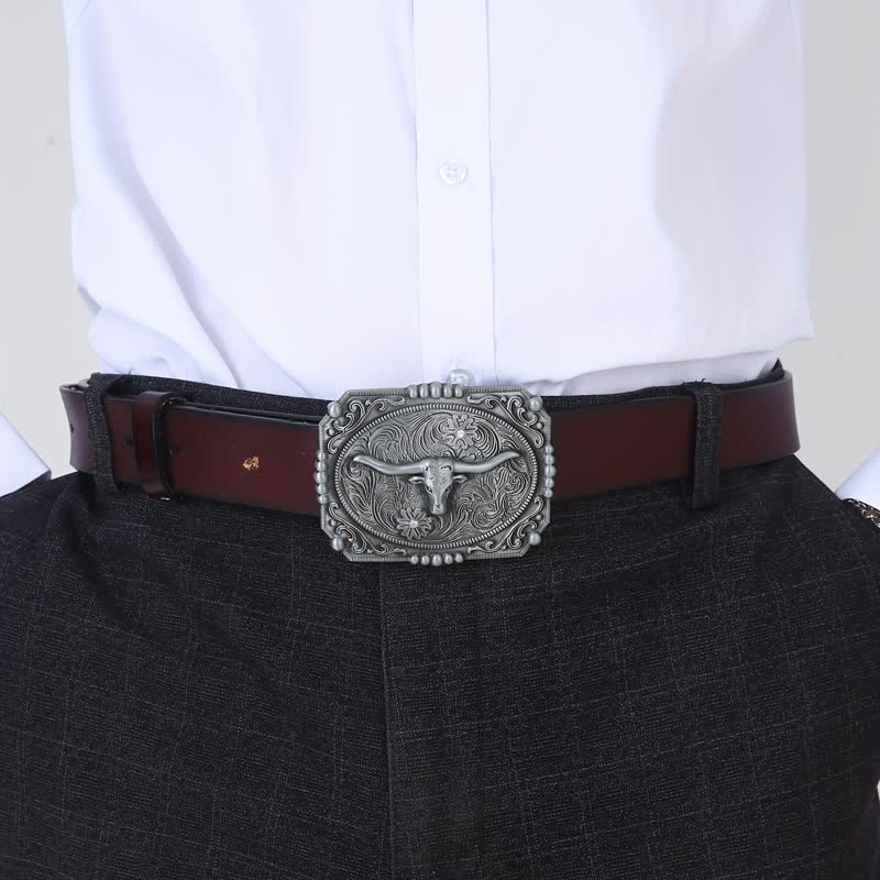 Cintura in pelle fai da te da uomo con fibbia a forma di testa di toro Longhorn