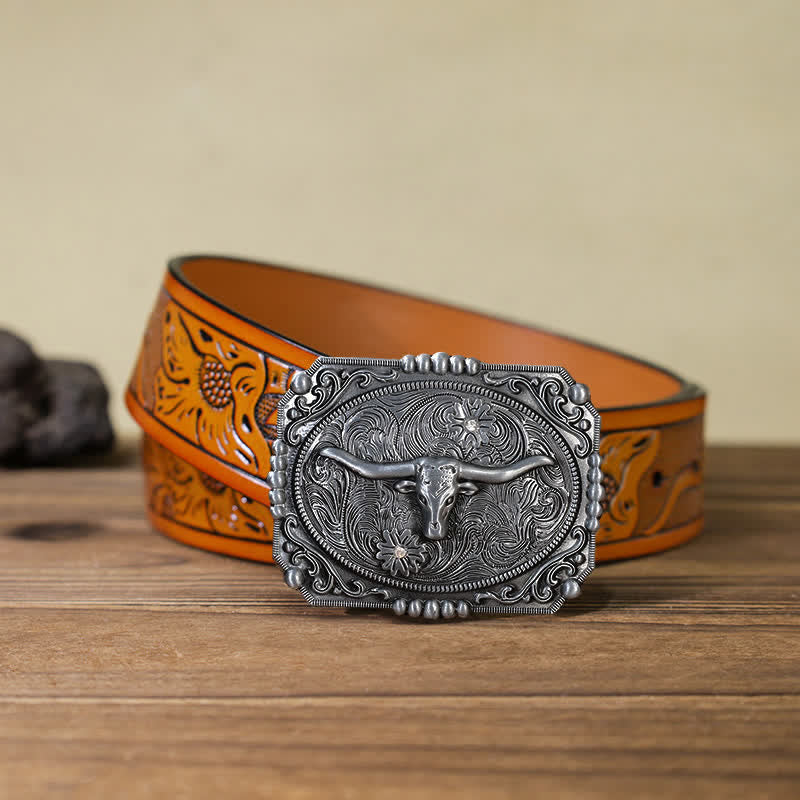 Cintura in pelle fai da te da uomo con fibbia a forma di testa di toro Longhorn