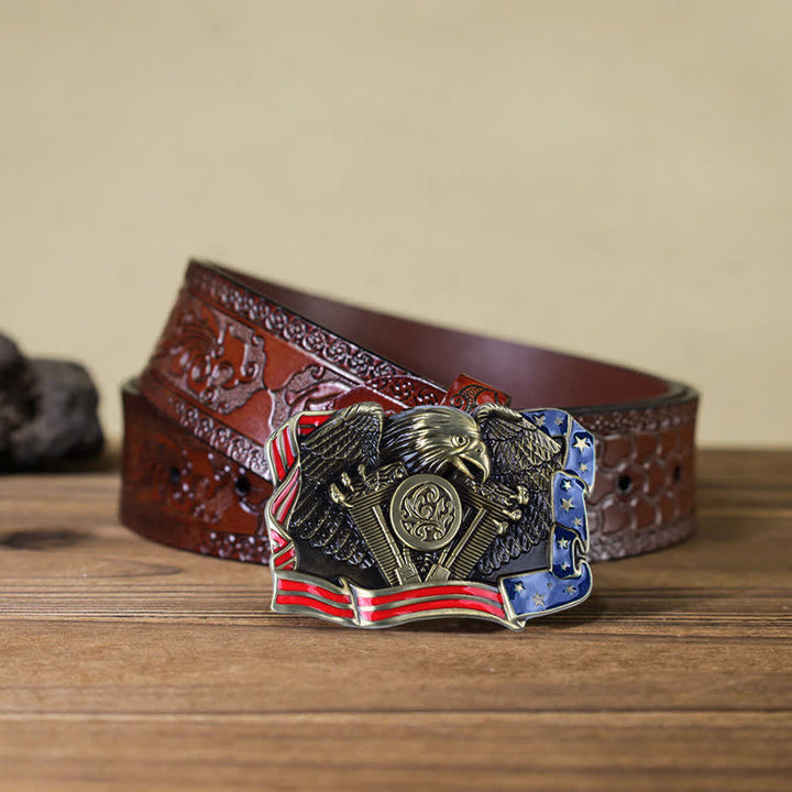 Cintura in pelle con fibbia multicolore patriottica aquila fai da te da uomo - Bronzo antico - Cintura marrone intagliata (40) - image 17