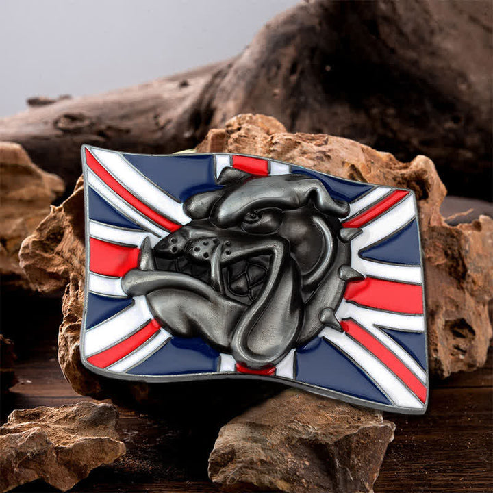 Cintura in pelle fai da te da uomo con fibbia a forma di testa di bulldog con bandiera britannica