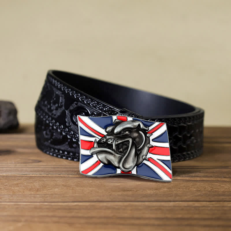 Cintura in pelle fai da te da uomo con fibbia a forma di testa di bulldog con bandiera britannica