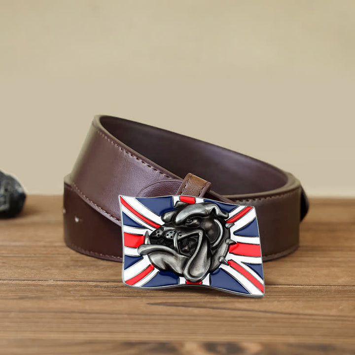Cintura in pelle fai da te da uomo con fibbia a forma di testa di bulldog con bandiera britannica