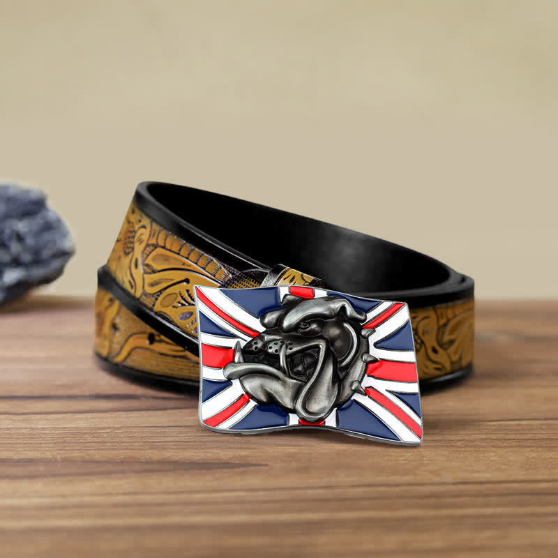 Cintura in pelle fai da te da uomo con fibbia a forma di testa di bulldog con bandiera britannica