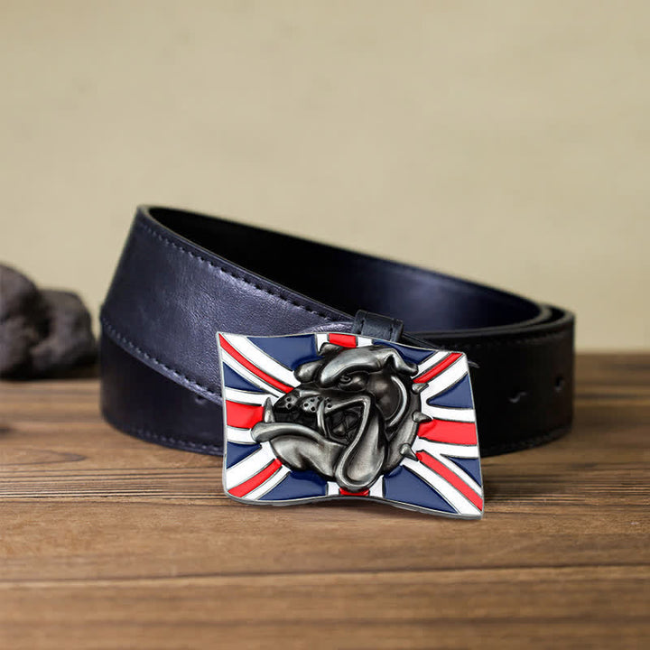 Cintura in pelle fai da te da uomo con fibbia a forma di testa di bulldog con bandiera britannica