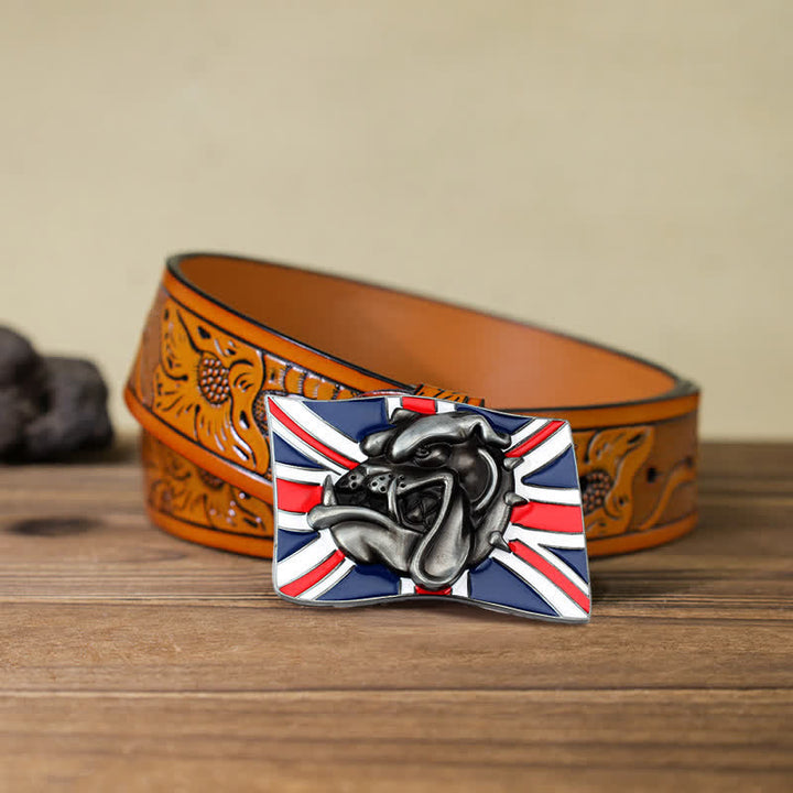 Cintura in pelle fai da te da uomo con fibbia a forma di testa di bulldog con bandiera britannica
