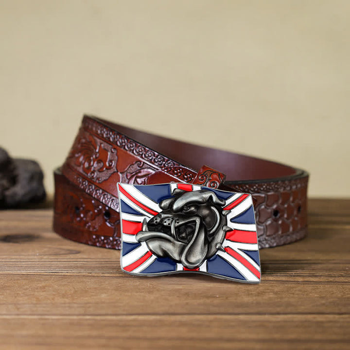 Cintura in pelle fai da te da uomo con fibbia a forma di testa di bulldog con bandiera britannica