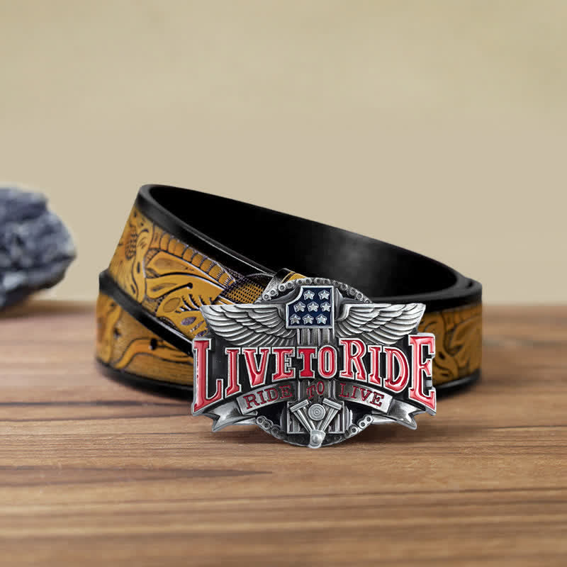 Cintura in pelle con fibbia Wings per motociclista fai da te da uomo Live To Ride