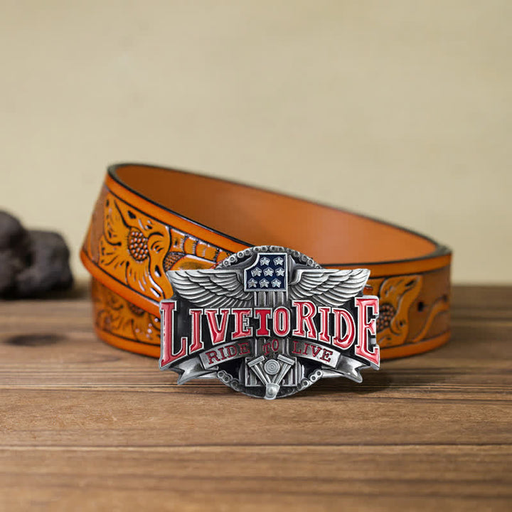 Cintura in pelle con fibbia Wings per motociclista fai da te da uomo Live To Ride