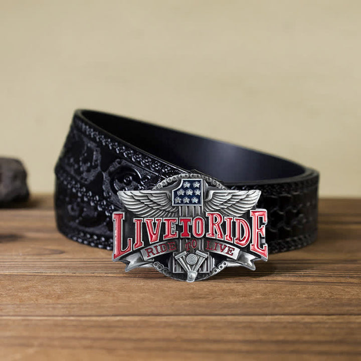 Cintura in pelle con fibbia Wings per motociclista fai da te da uomo Live To Ride