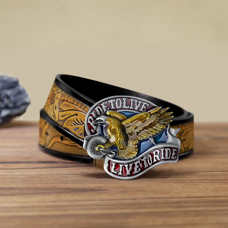 Cintura in pelle con fibbia "Eagle On Wheels Live to Ride" fai da te da uomo