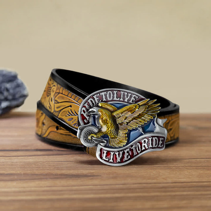 Cintura in pelle con fibbia "Eagle On Wheels Live to Ride" fai da te da uomo