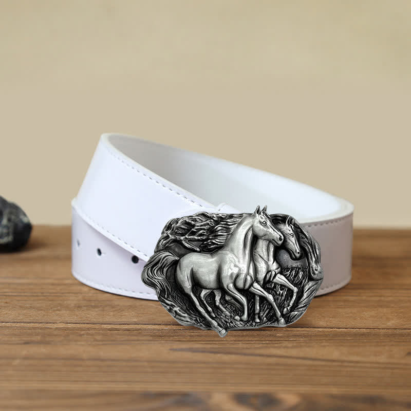 Cintura in pelle con fibbia Wild Running Horses fai da te da uomo - Argento antico - Cintura PU bianca (40) - image 9