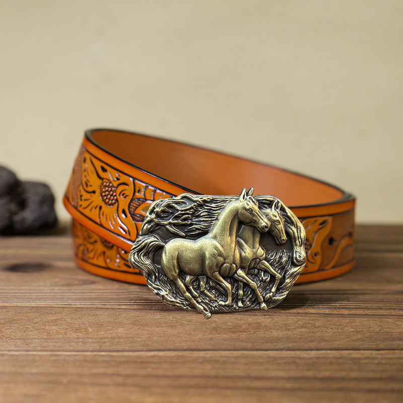 Cintura in pelle con fibbia Wild Running Horses fai da te da uomo - Bronzo antico - Cintura intagliata arancione (40) - image 23