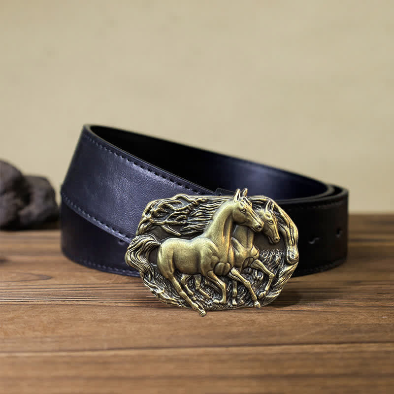 Cintura in pelle con fibbia Wild Running Horses fai da te da uomo - Bronzo antico - Cintura PU nera (40) - image 5
