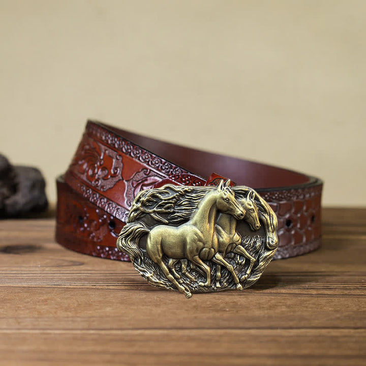Cintura in pelle con fibbia Wild Running Horses fai da te da uomo - Bronzo antico - Cintura marrone intagliata (40) - image 17