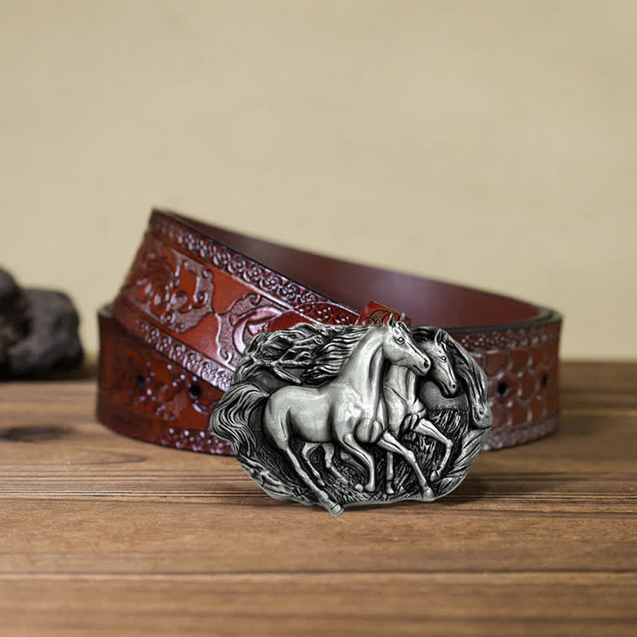 Cintura in pelle con fibbia Wild Running Horses fai da te da uomo - Argento antico - Cintura marrone intagliata (40) - image 18