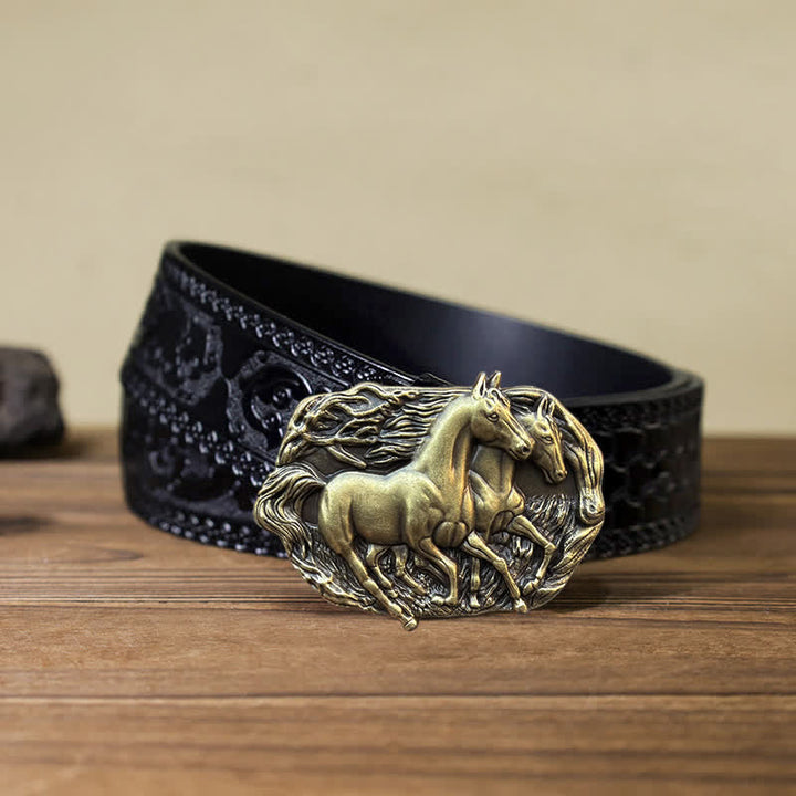 Cintura in pelle con fibbia Wild Running Horses fai da te da uomo - Bronzo antico - Cintura nera intagliata (40) - image 14