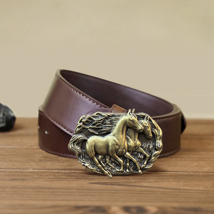 Cintura in pelle con fibbia Wild Running Horses fai da te da uomo - Bronzo antico - Cintura PU marrone (40) - image 11