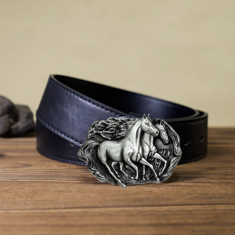 Cintura in pelle con fibbia Wild Running Horses fai da te da uomo - Argento antico - Cintura PU nera (40) - image 6