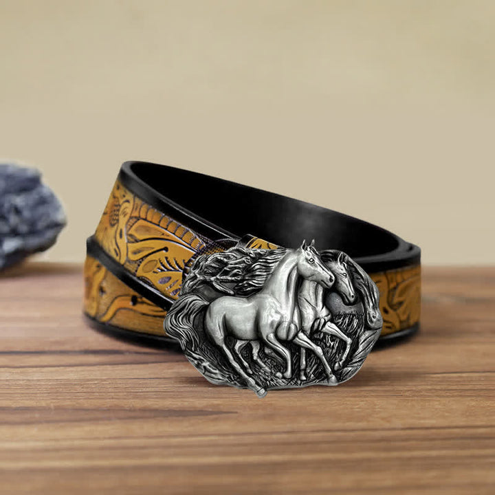 Cintura in pelle con fibbia Wild Running Horses fai da te da uomo - Argento antico - Cintura marrone sabbia (40) - image 21