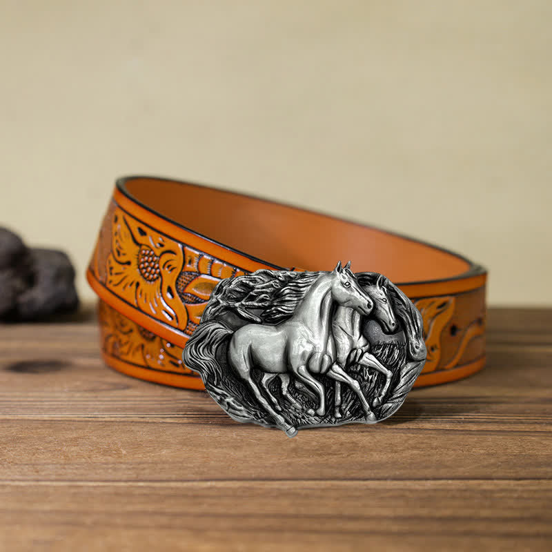 Cintura in pelle con fibbia Wild Running Horses fai da te da uomo - Argento antico - Cintura intagliata arancione (40) - image 24