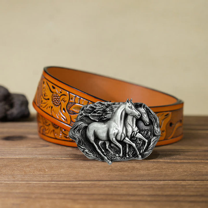Cintura in pelle con fibbia Wild Running Horses fai da te da uomo - Argento antico - Cintura intagliata arancione (40) - image 24