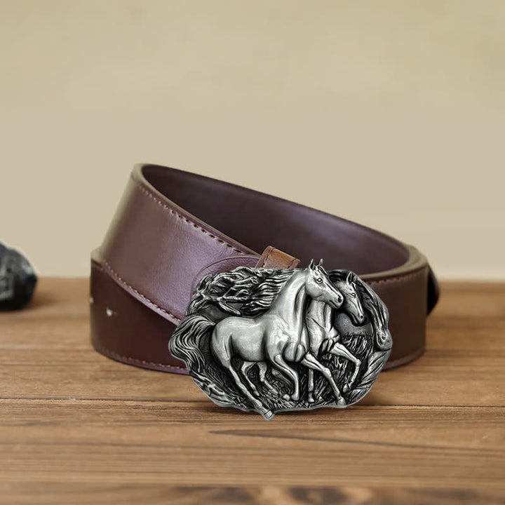Cintura in pelle con fibbia Wild Running Horses fai da te da uomo - Argento antico - Cintura PU marrone (40) - image 12