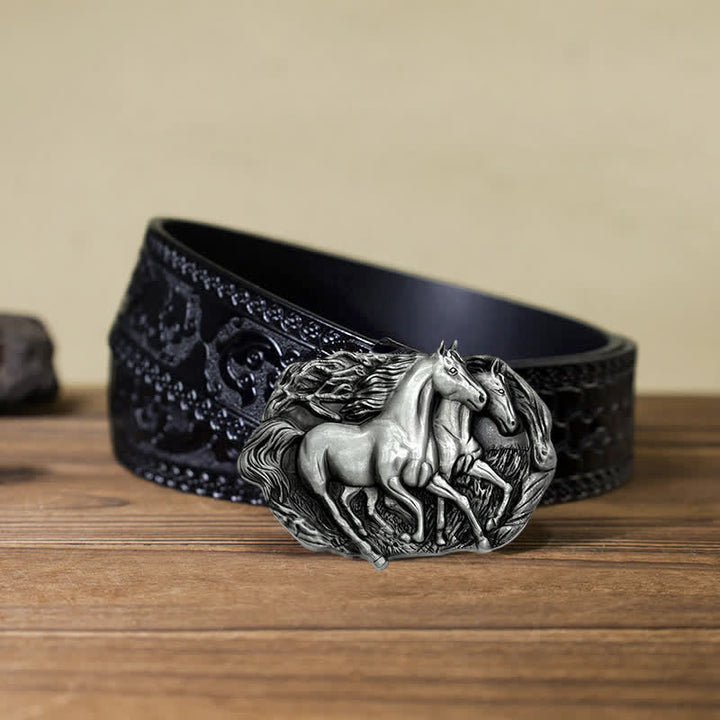 Cintura in pelle con fibbia Wild Running Horses fai da te da uomo - Argento antico - Cintura nera intagliata (40) - image 15