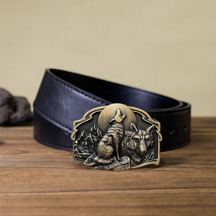 Cintura in pelle con fibbia a forma di foresta con due lupi fai da te da uomo - Bronzo antico - Cintura in PU nera (115 cm/46 pollici) - image 6