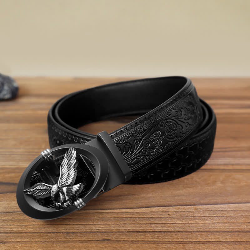 Cintura in pelle con fibbia automatica fai da te Eagle Black Hollow da uomo - Argento - Cintura nera con motivo intagliato (40) - image 15
