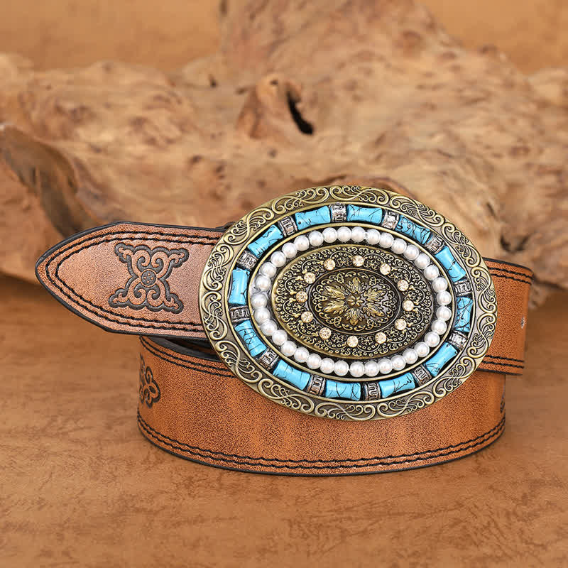 Cintura in pelle con fibbia a medaglione Boho con perle turchesi da donna
