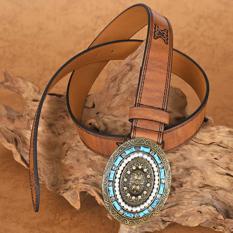 Cintura in pelle con fibbia a medaglione Boho con perle turchesi da donna