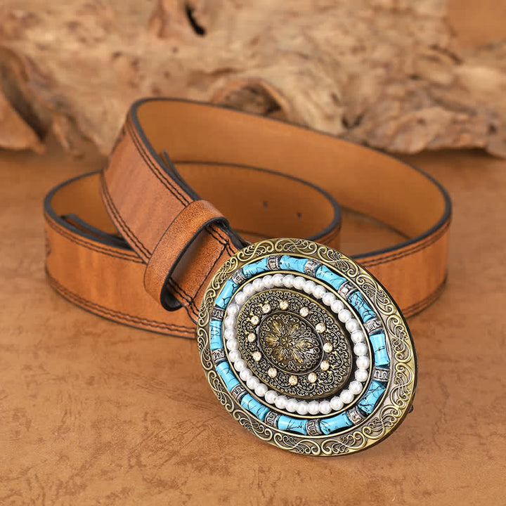 Cintura in pelle con fibbia a medaglione Boho con perle turchesi da donna