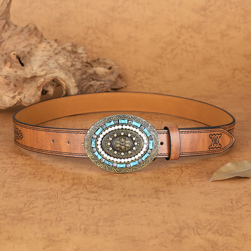 Cintura in pelle con fibbia a medaglione Boho con perle turchesi da donna
