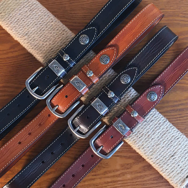 Cintura da uomo in pelle piena fiore con decorazioni vintage a rivetti