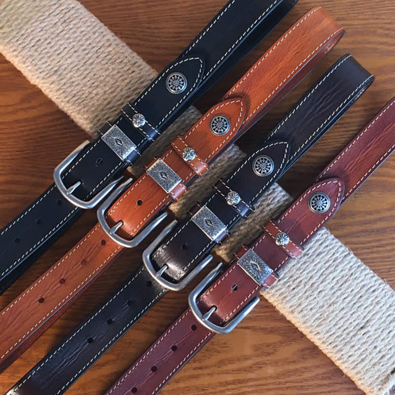 Cintura da uomo in pelle piena fiore con decorazione a rivetti vintage