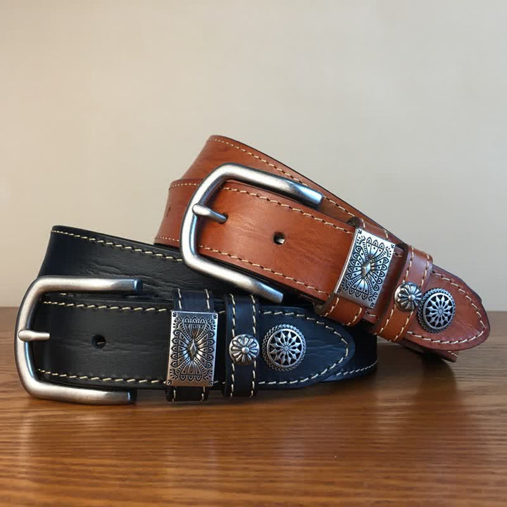 Cintura da uomo in pelle piena fiore con decorazione a rivetti vintage