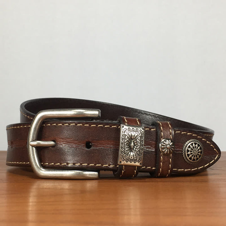 Cintura da uomo in pelle piena fiore con decorazioni vintage a rivetti