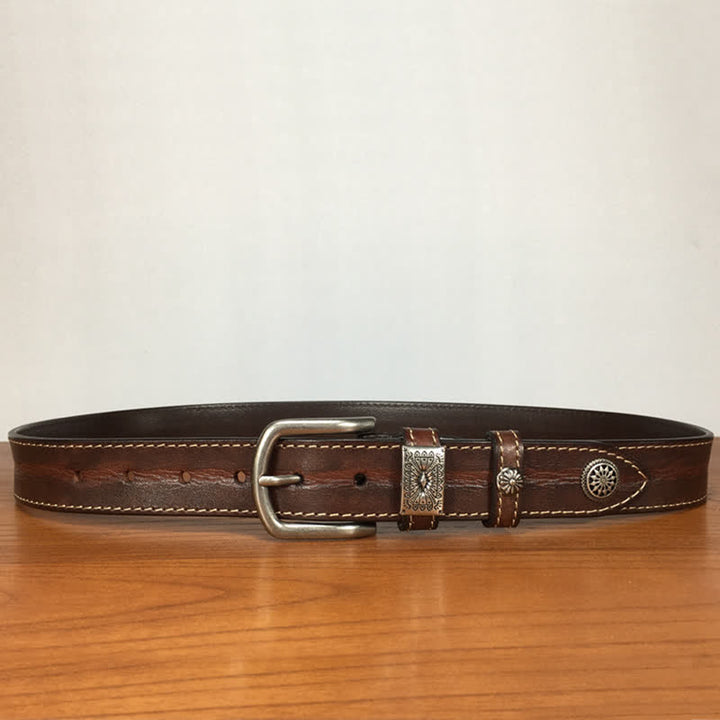 Cintura da uomo in pelle piena fiore con decorazioni vintage a rivetti