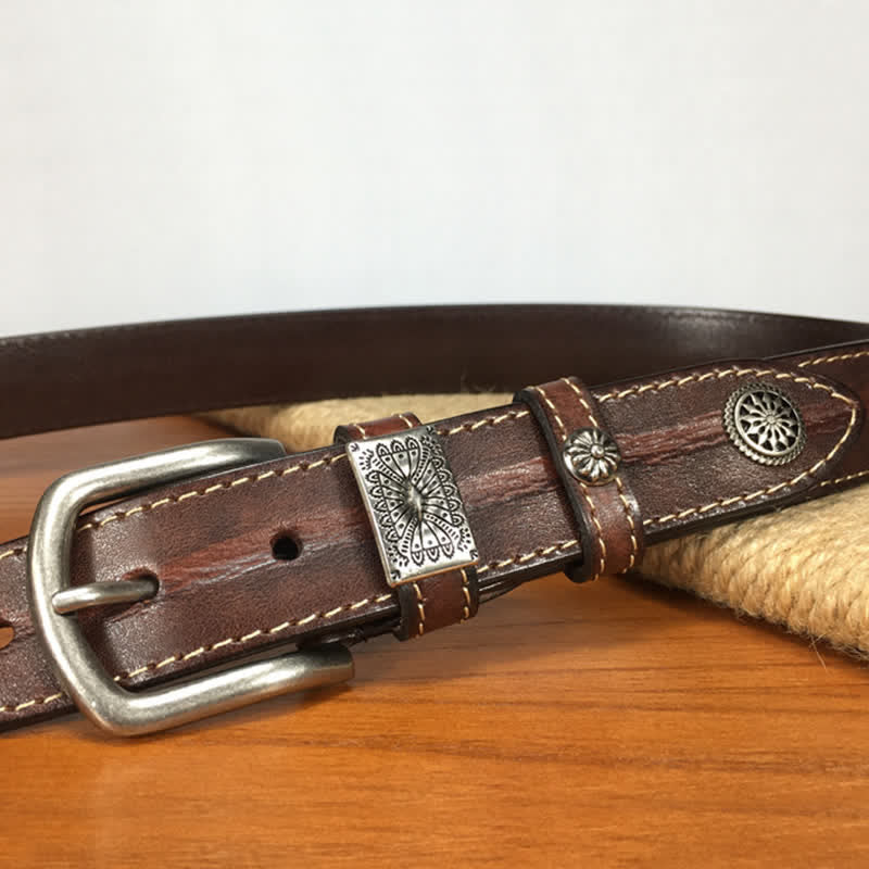 Cintura da uomo in pelle piena fiore con decorazione a rivetti vintage